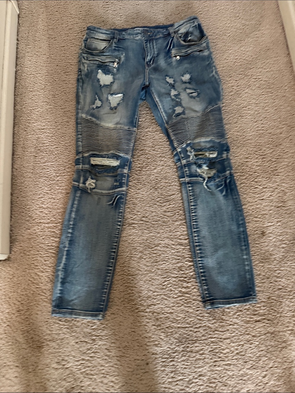 Men's Distressed Blue Moto Jeans - Slim Fit
